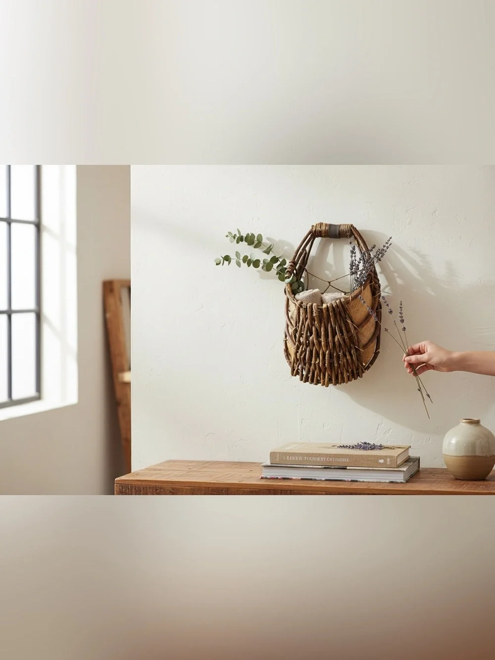 Vtg Palm Leaf & Woven Twig Hanging Wall Basket 17